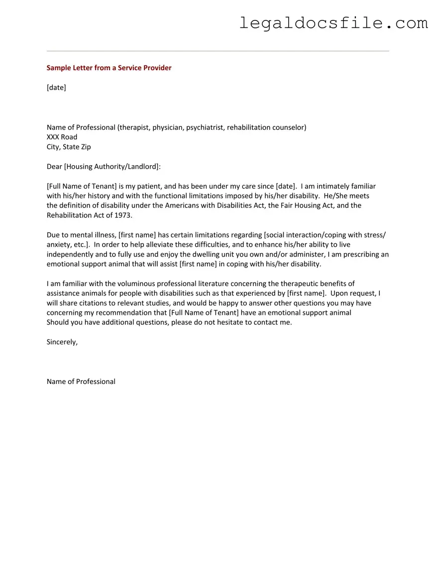Printable Emotional Support Animal Letter Template in PDF
