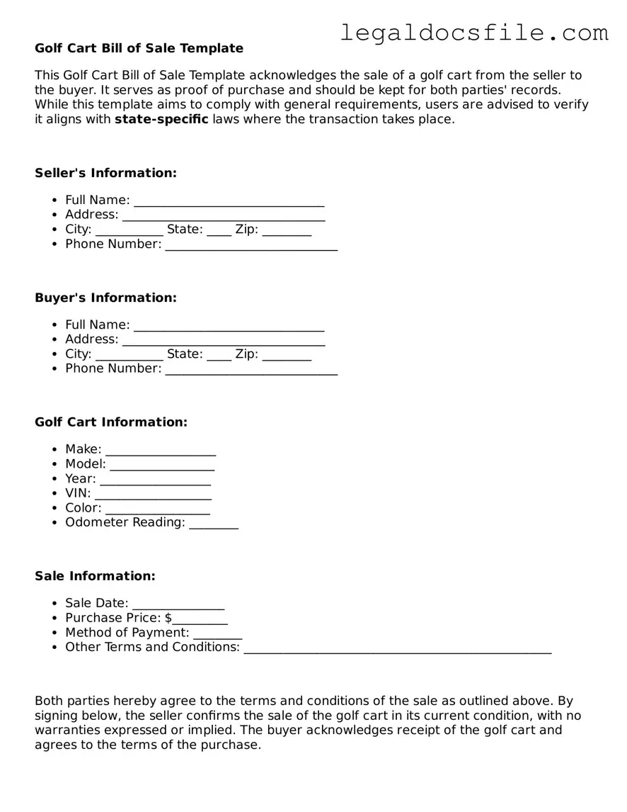 Printable Golf Cart Bill of Sale Document