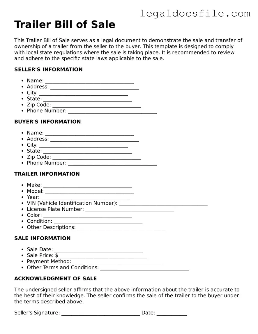 Printable Trailer Bill of Sale Document