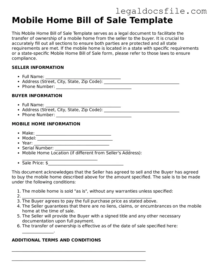 Printable Mobile Home Bill of Sale Document