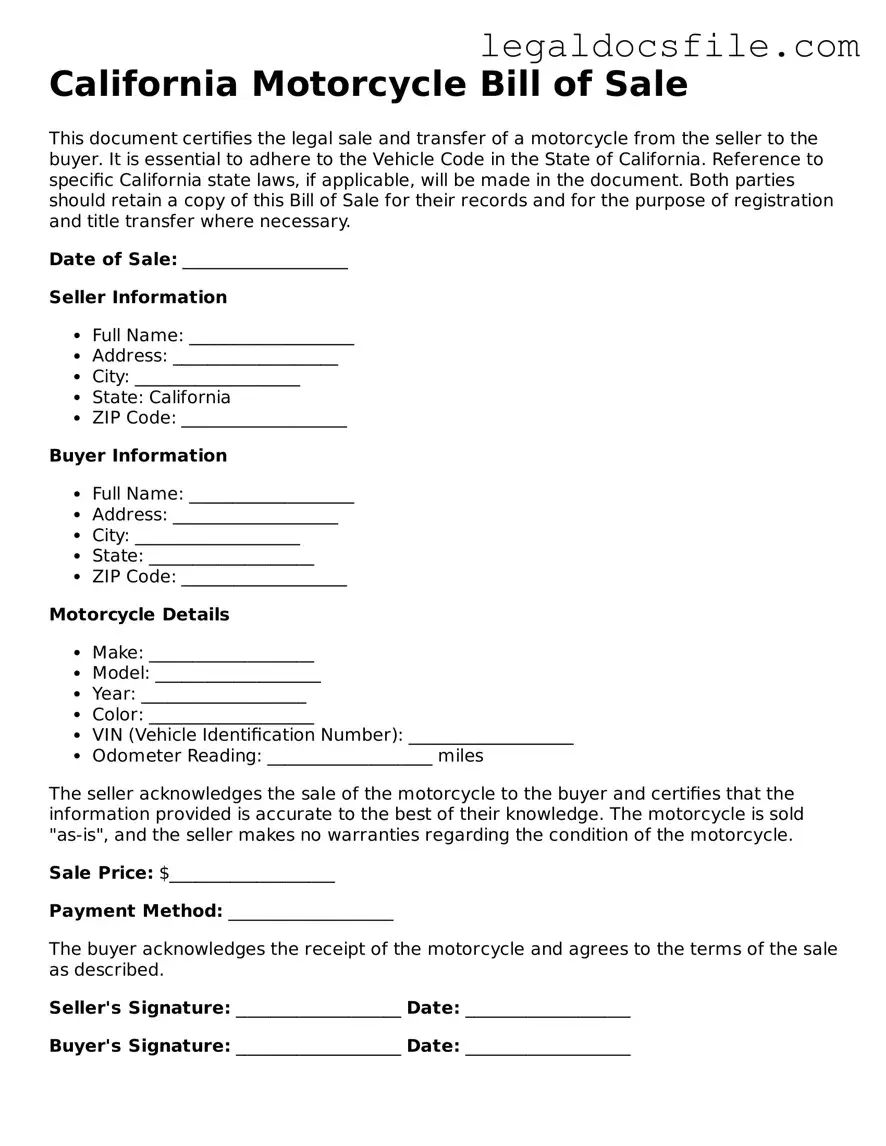 Valid Motorcycle Bill of Sale Template for the State of California