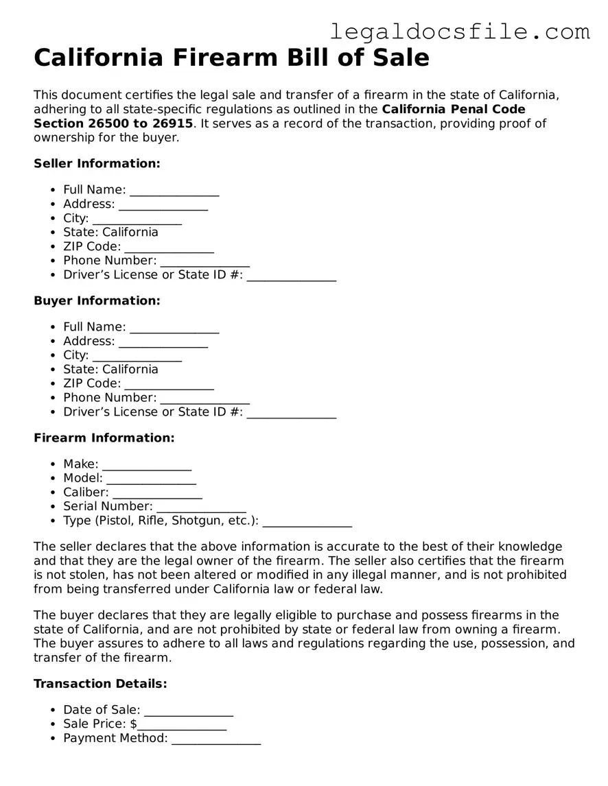 Valid Firearm Bill of Sale Template for the State of California