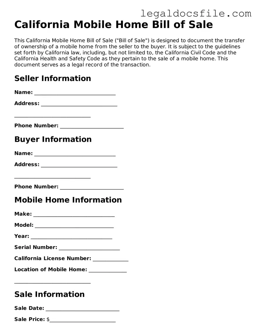 Valid Mobile Home Bill of Sale Template for the State of California