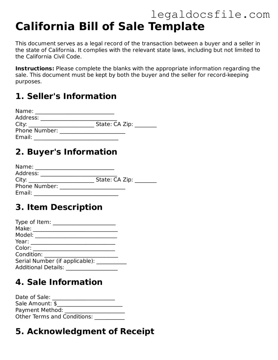 Valid Bill of Sale Template for the State of California