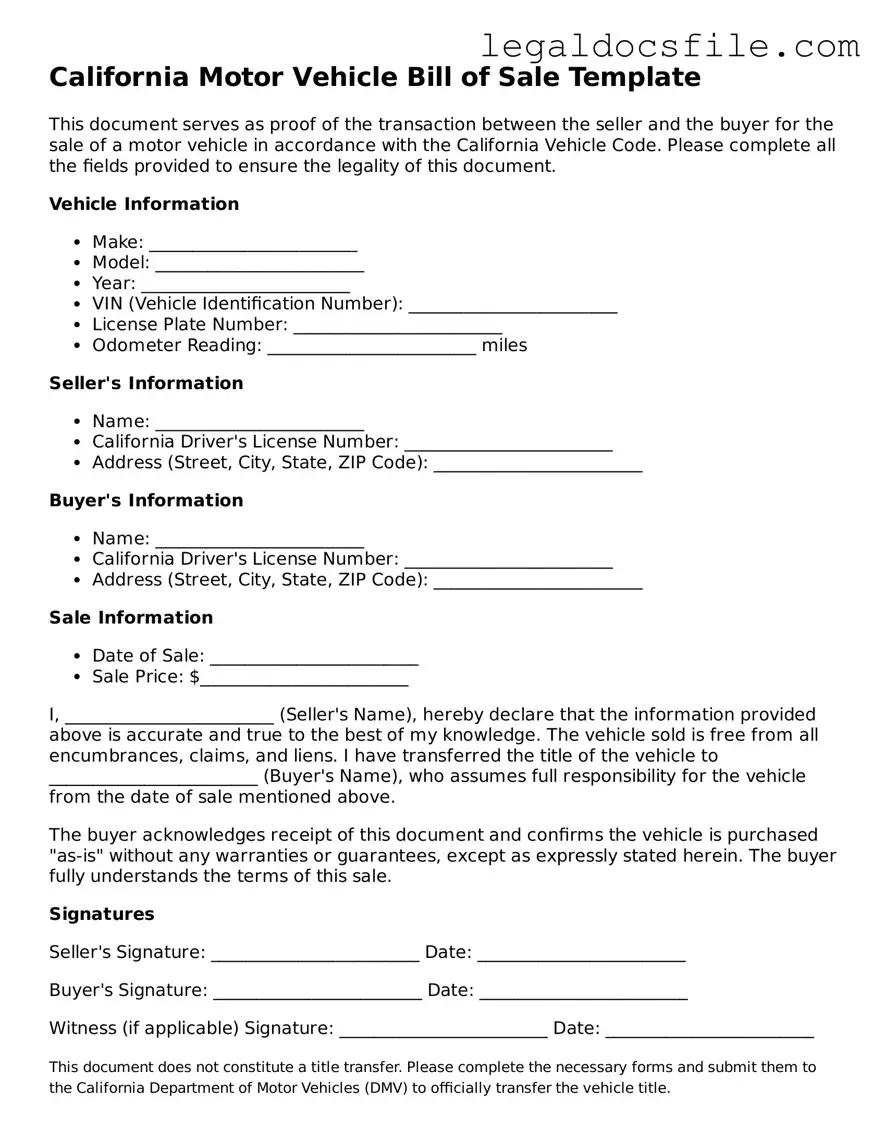 Valid Motor Vehicle Bill of Sale Template for the State of California