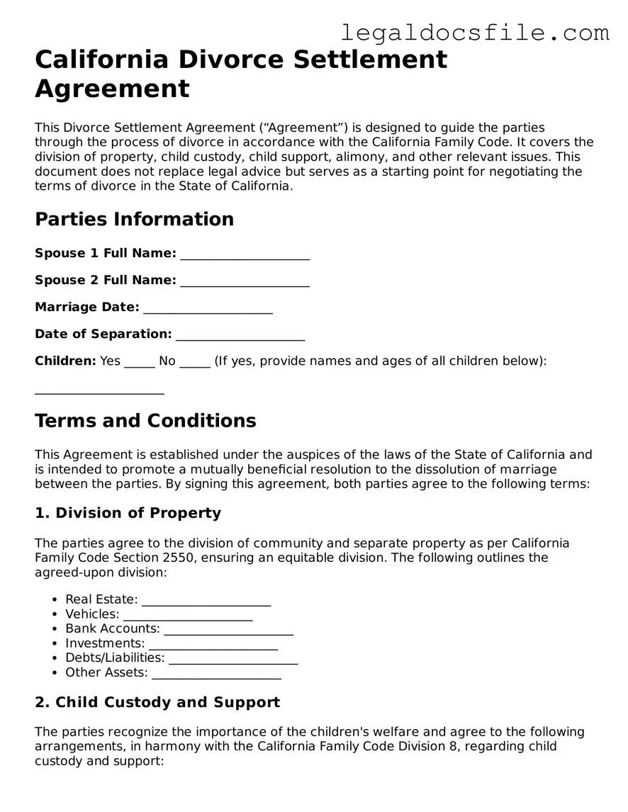 Valid Divorce Settlement Agreement Template for the State of California