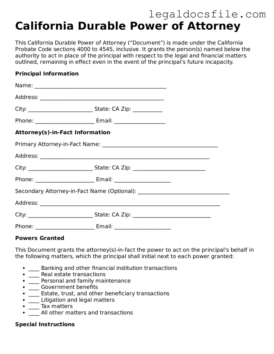 Valid Durable Power of Attorney Template for the State of California