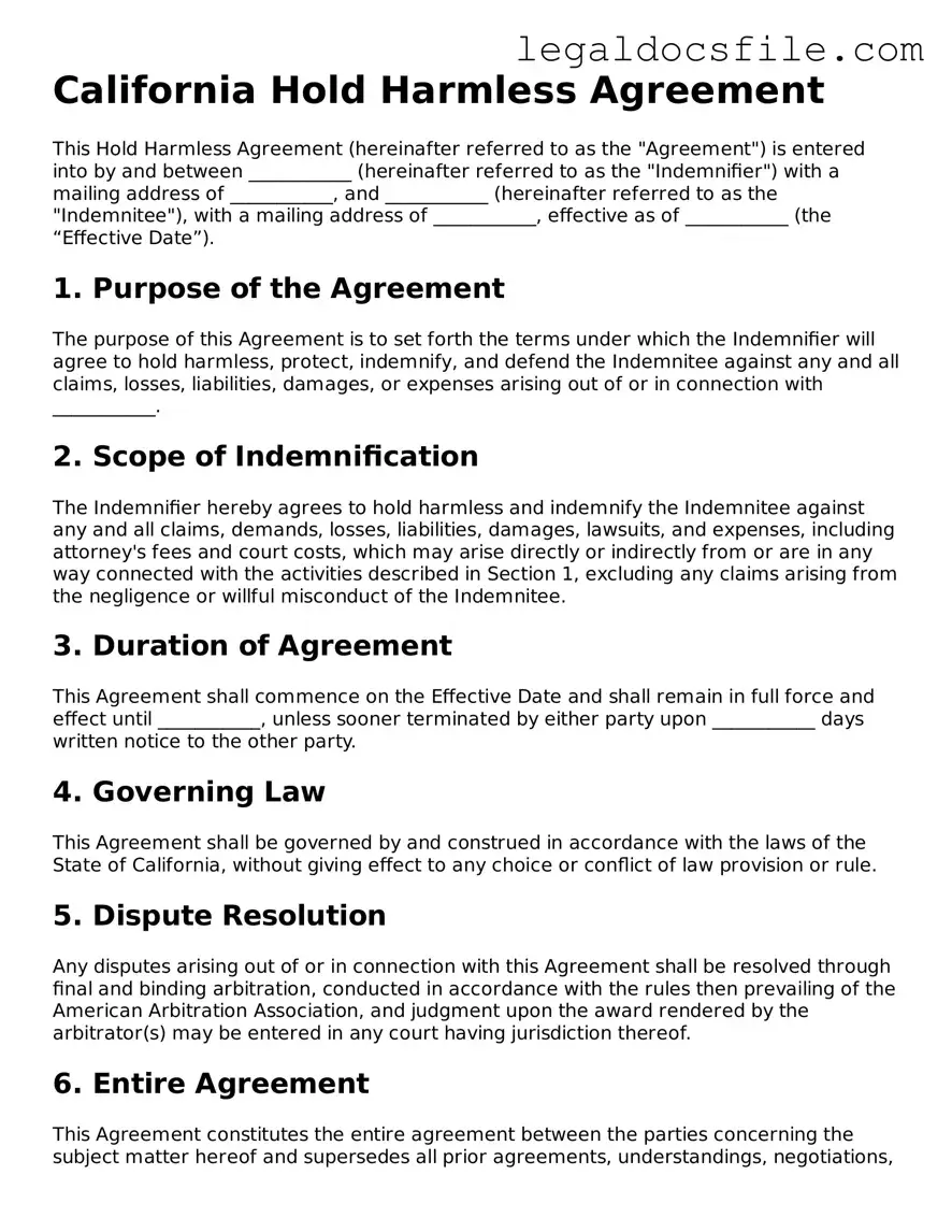 Valid Hold Harmless Agreement Template for the State of California