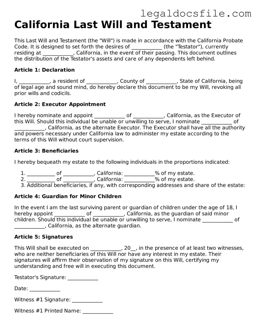Valid Last Will and Testament Template for the State of California