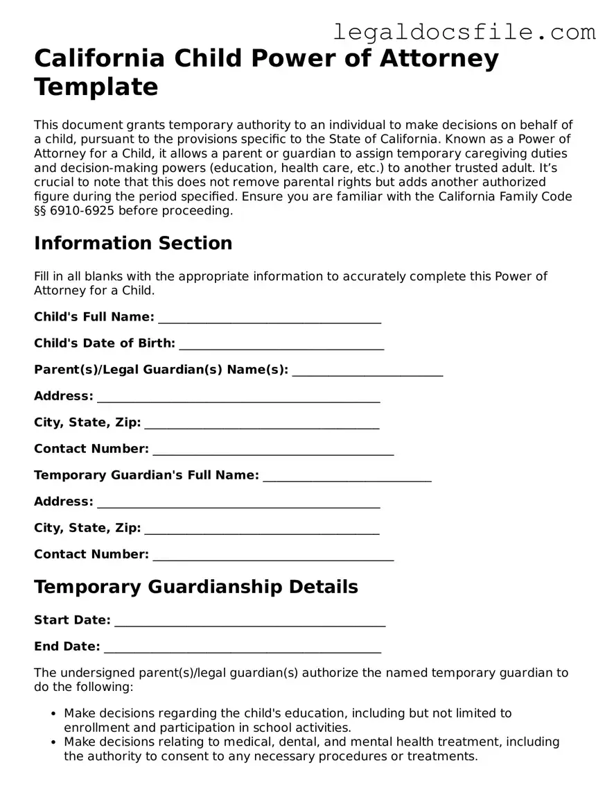 Valid Power of Attorney for a Child Template for the State of California