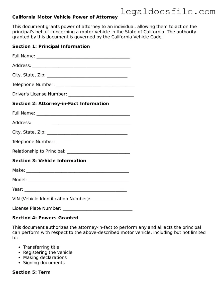Valid Motor Vehicle Power of Attorney Template for the State of California