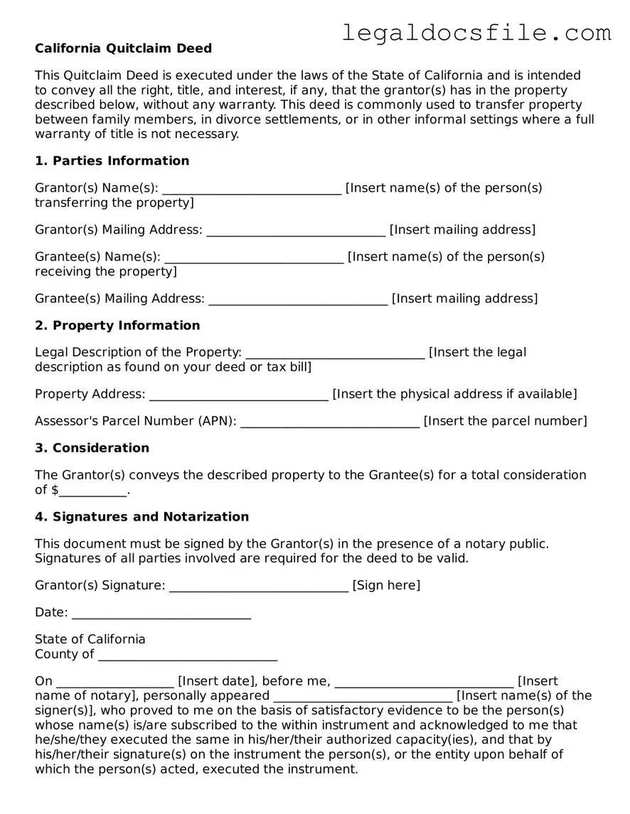 Valid Quitclaim Deed Template for the State of California