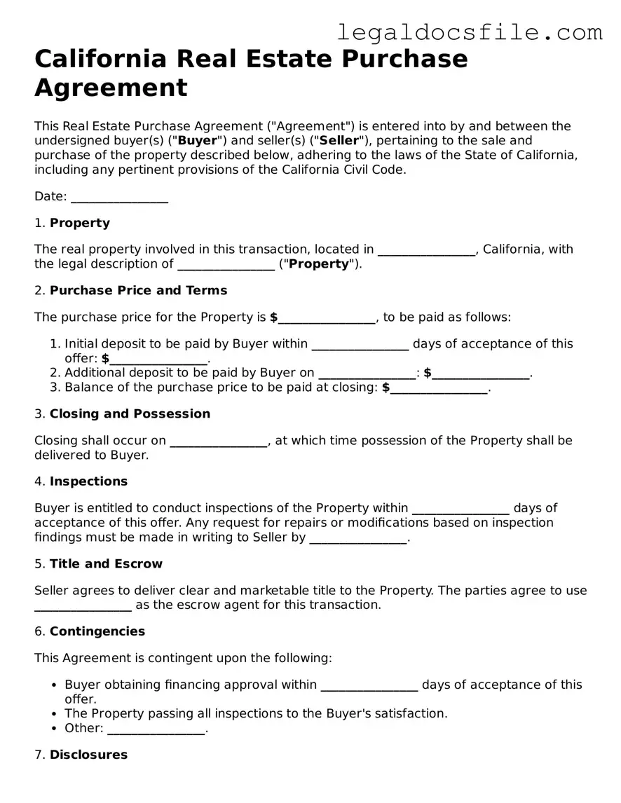 Valid Real Estate Purchase Agreement Template for the State of California