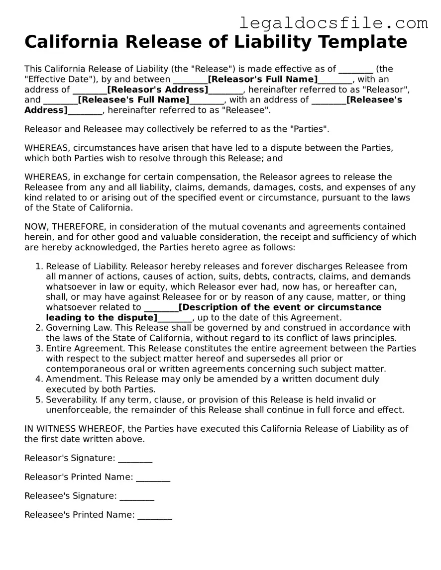 Valid Release of Liability Template for the State of California