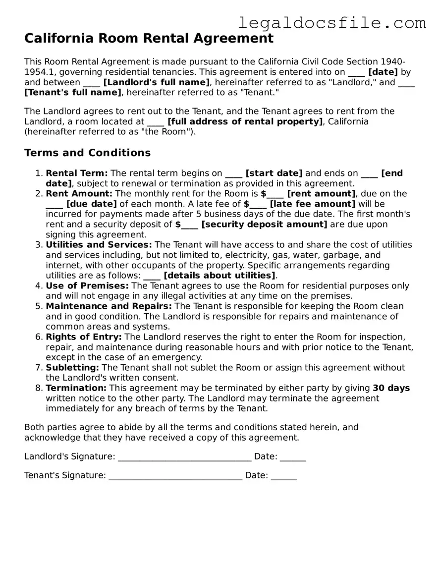 Valid Room Rental Agreement Template for the State of California