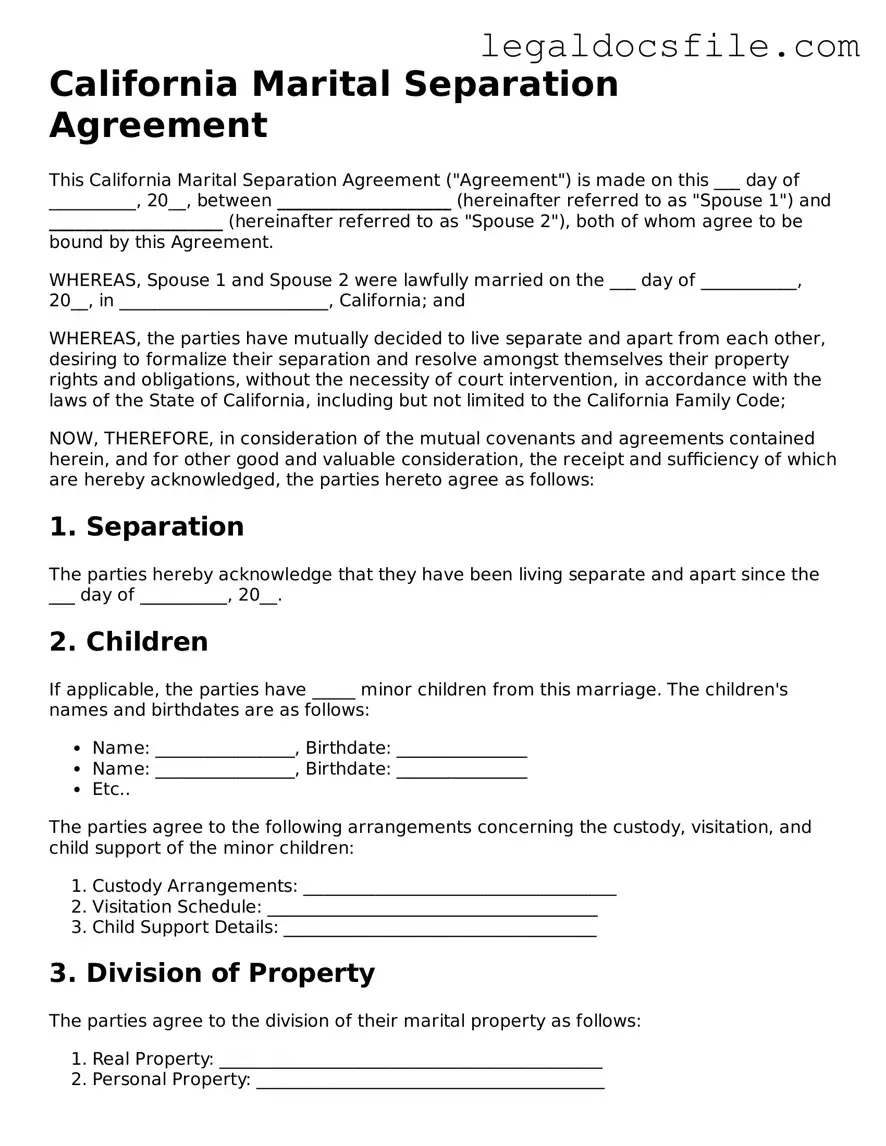 Valid Marital Separation Agreement Template for the State of California