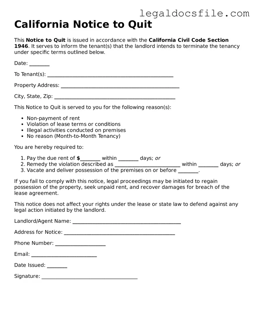 Valid Notice to Quit Template for the State of California