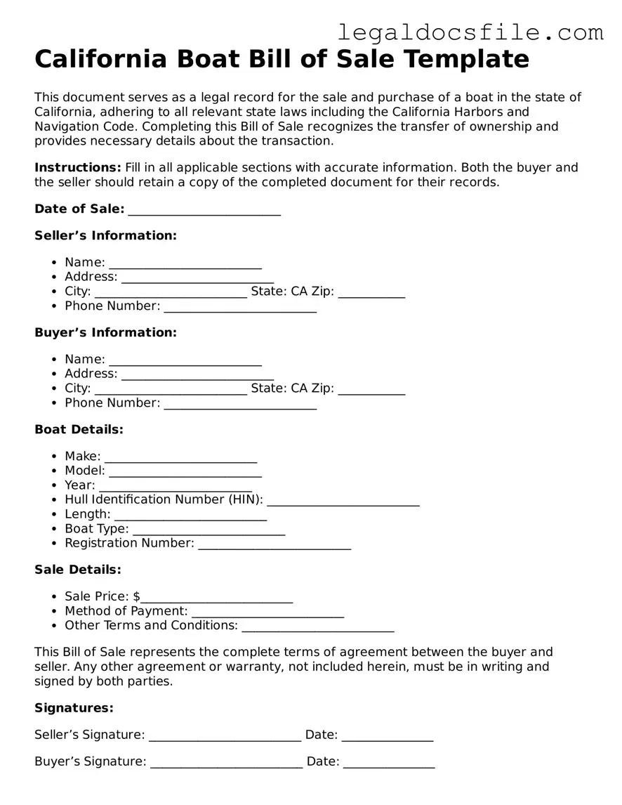 Valid Boat Bill of Sale Template for the State of California