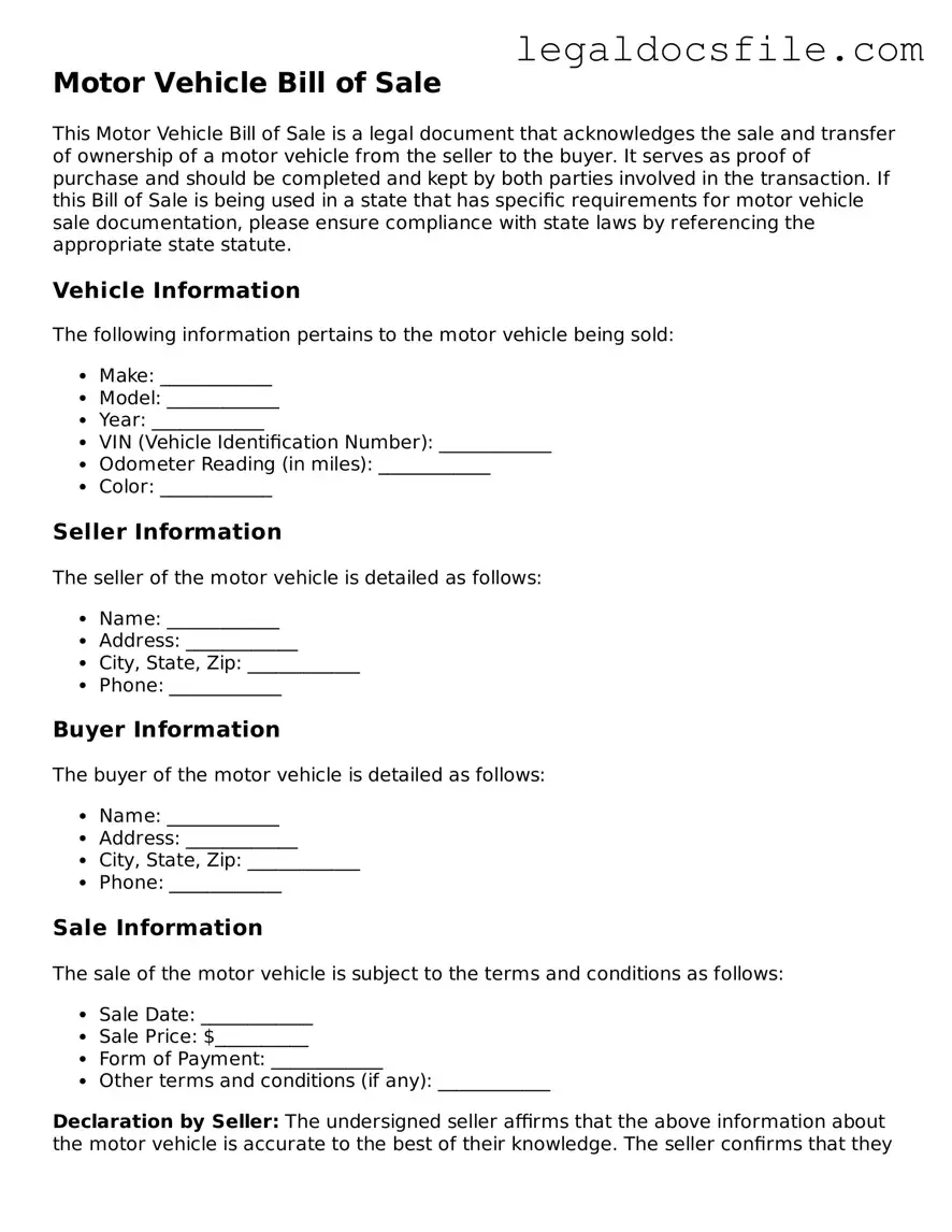 Printable Motor Vehicle Bill of Sale Document