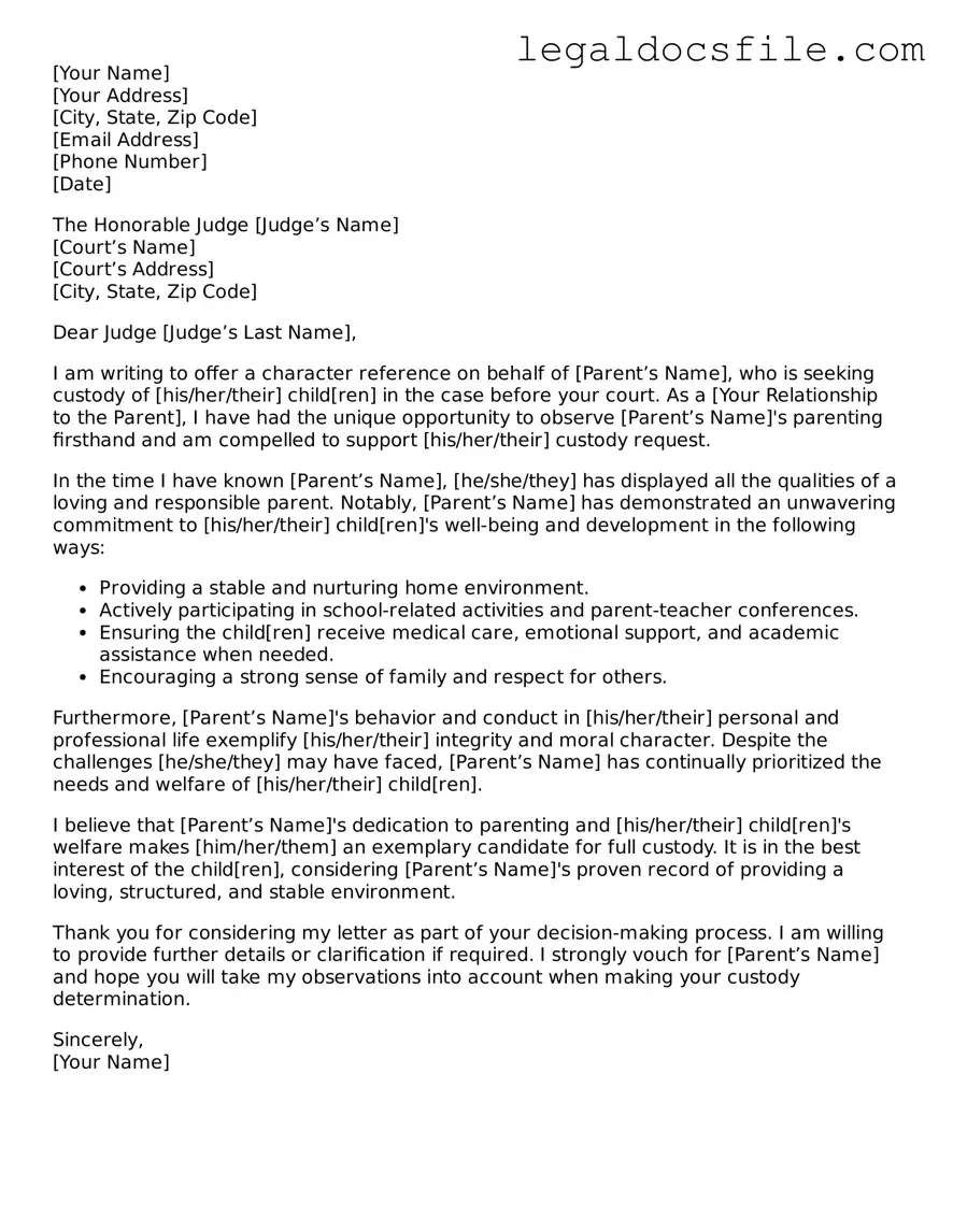 Printable Character Reference Letter for Child Custody Document