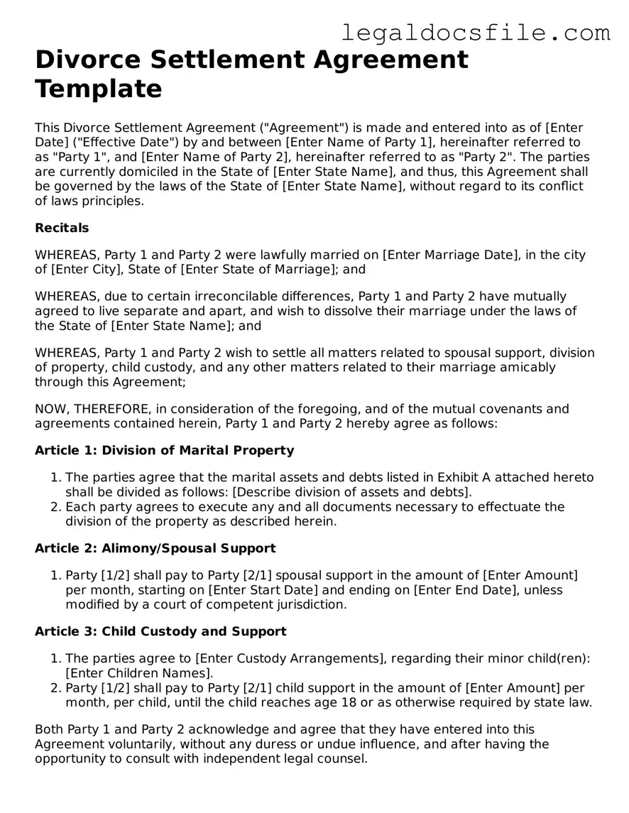 Printable Divorce Settlement Agreement Document