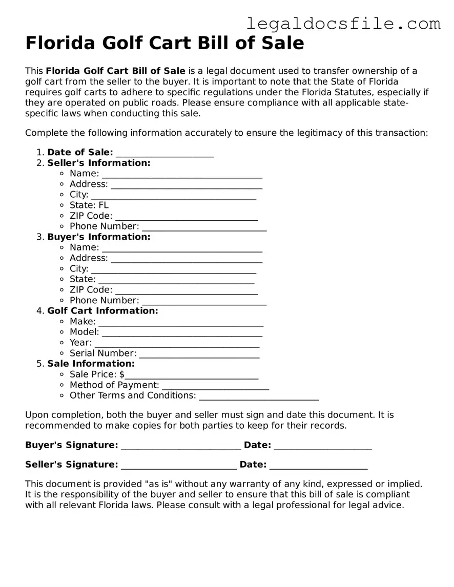 Valid Golf Cart Bill of Sale Template for the State of Florida