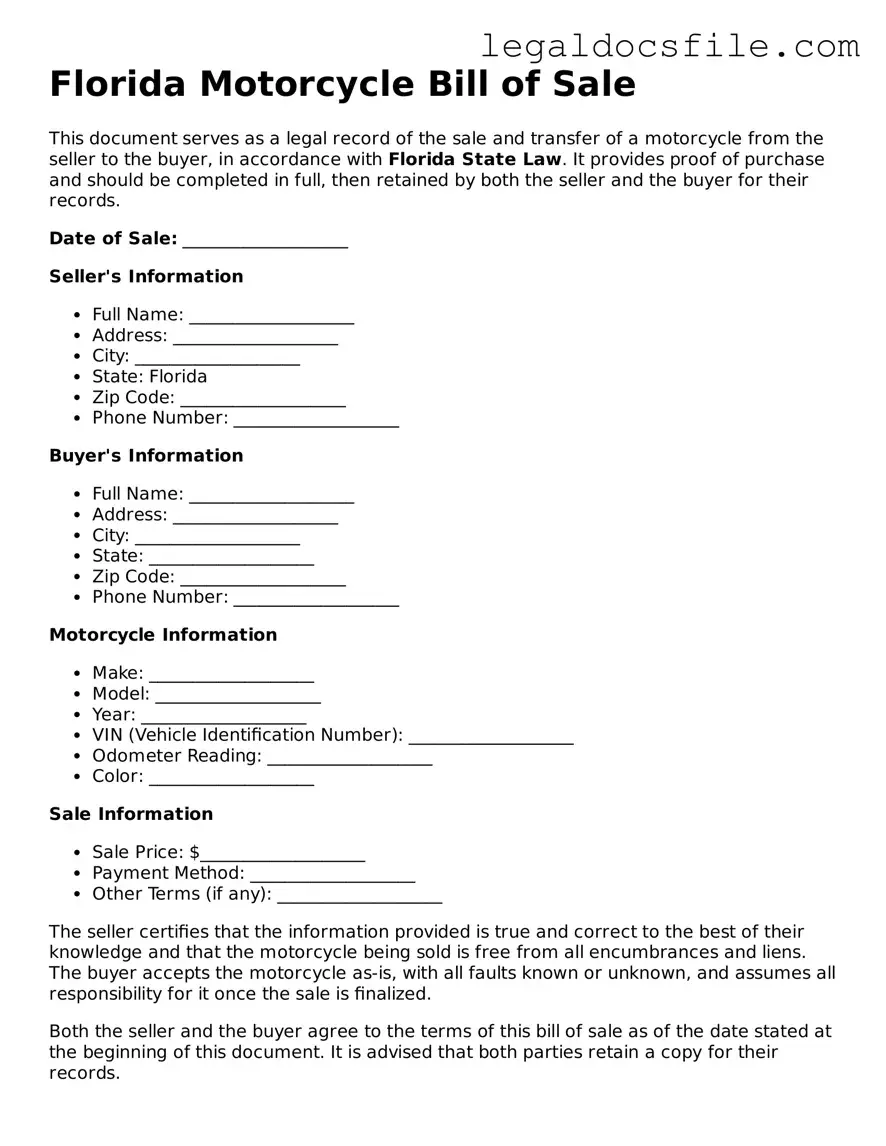 Valid Motorcycle Bill of Sale Template for the State of Florida