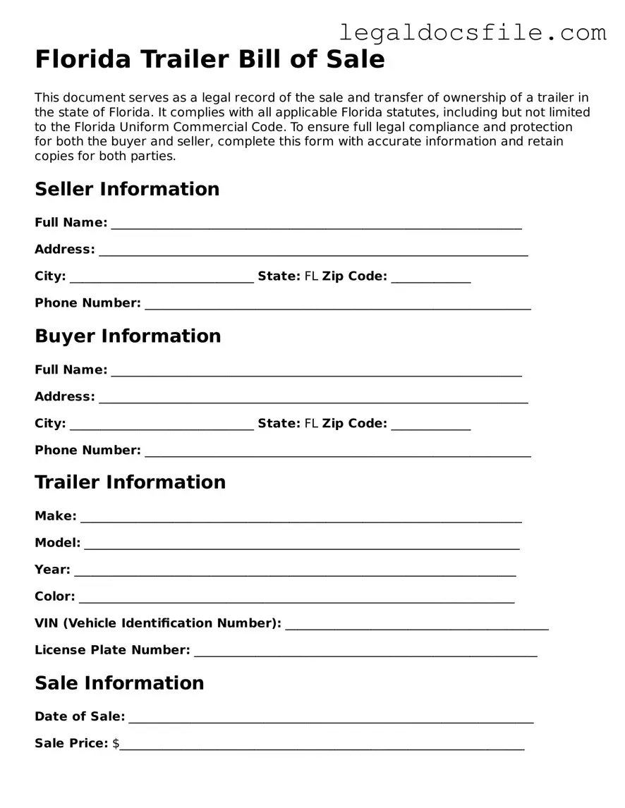 Valid Trailer Bill of Sale Template for the State of Florida