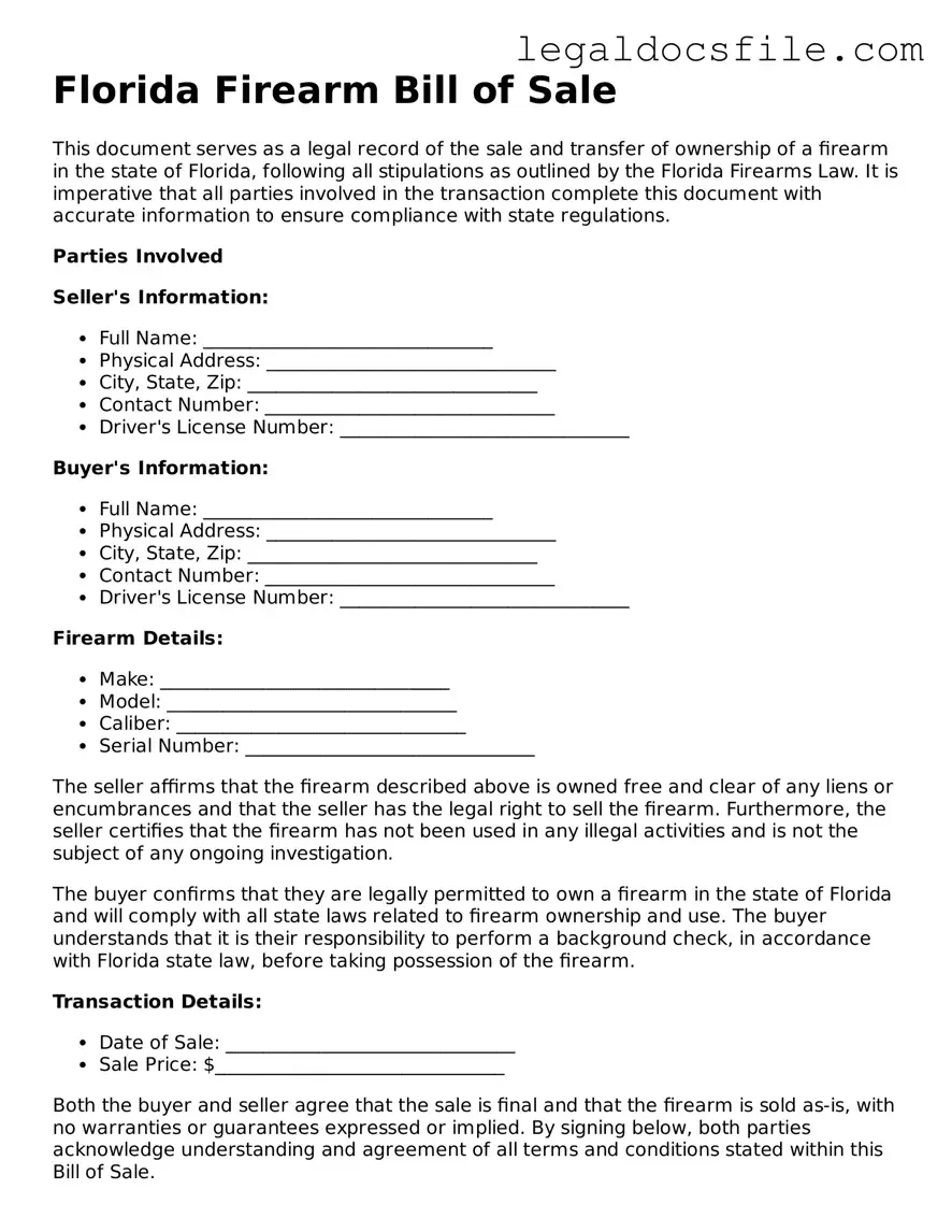 Valid Firearm Bill of Sale Template for the State of Florida
