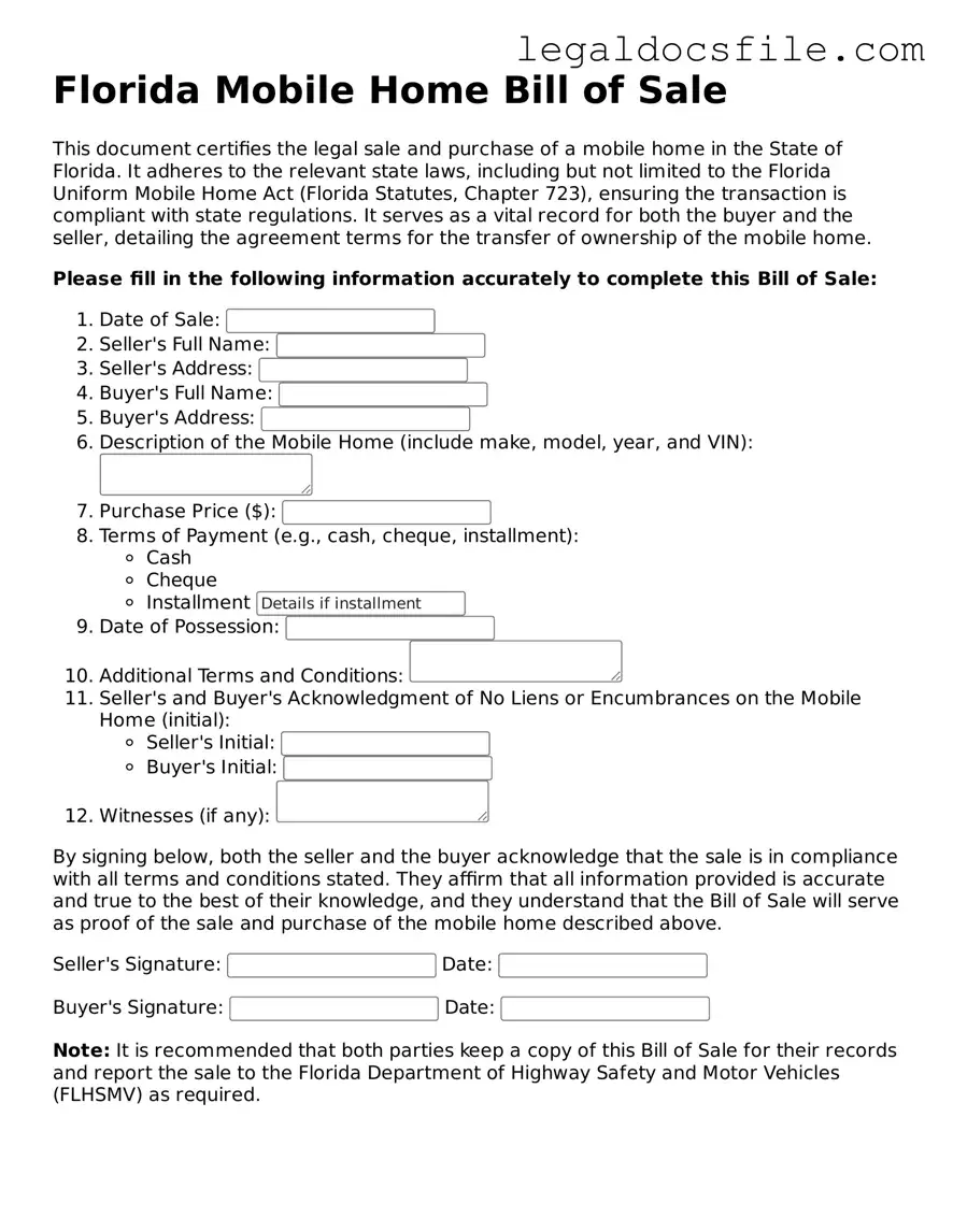 Valid Mobile Home Bill of Sale Template for the State of Florida