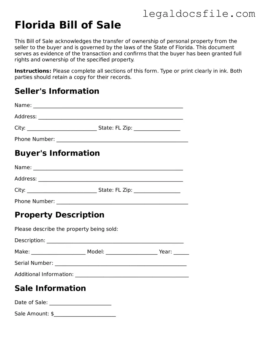 Valid Bill of Sale Template for the State of Florida