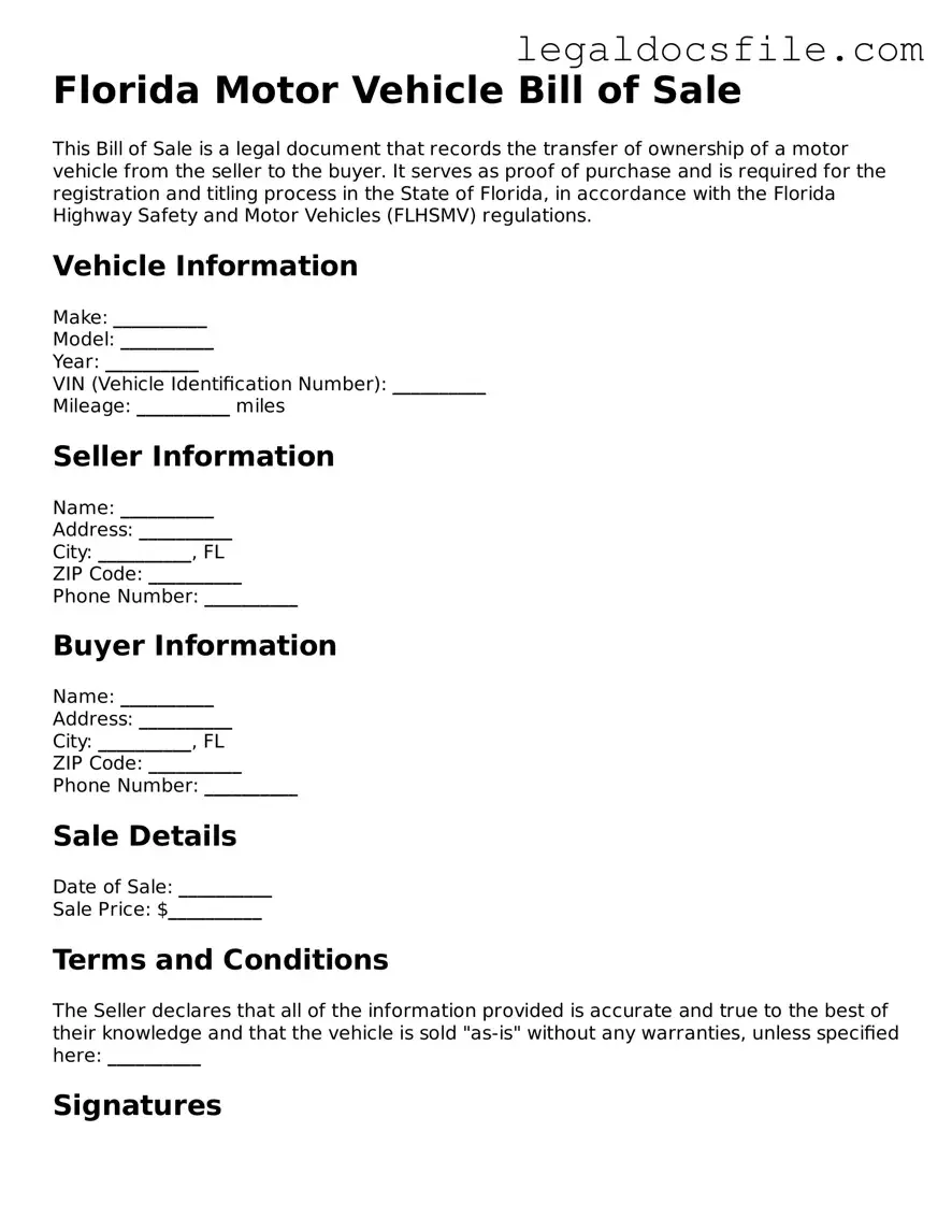 Valid Motor Vehicle Bill of Sale Template for the State of Florida