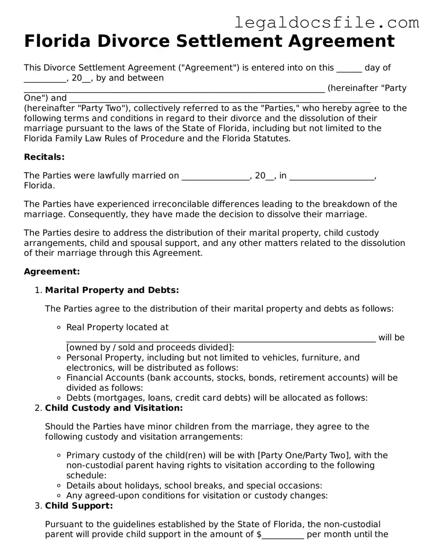 Valid Divorce Settlement Agreement Template for the State of Florida