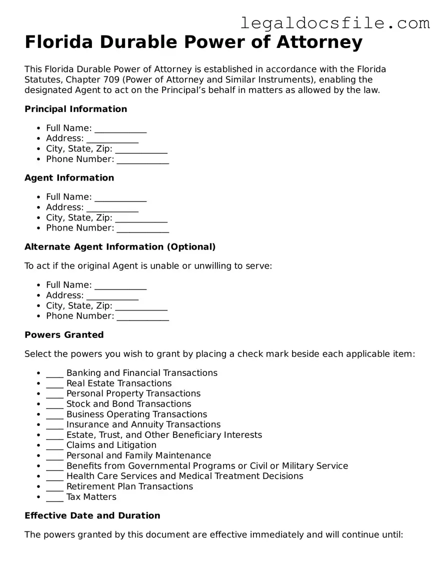 Valid Durable Power of Attorney Template for the State of Florida