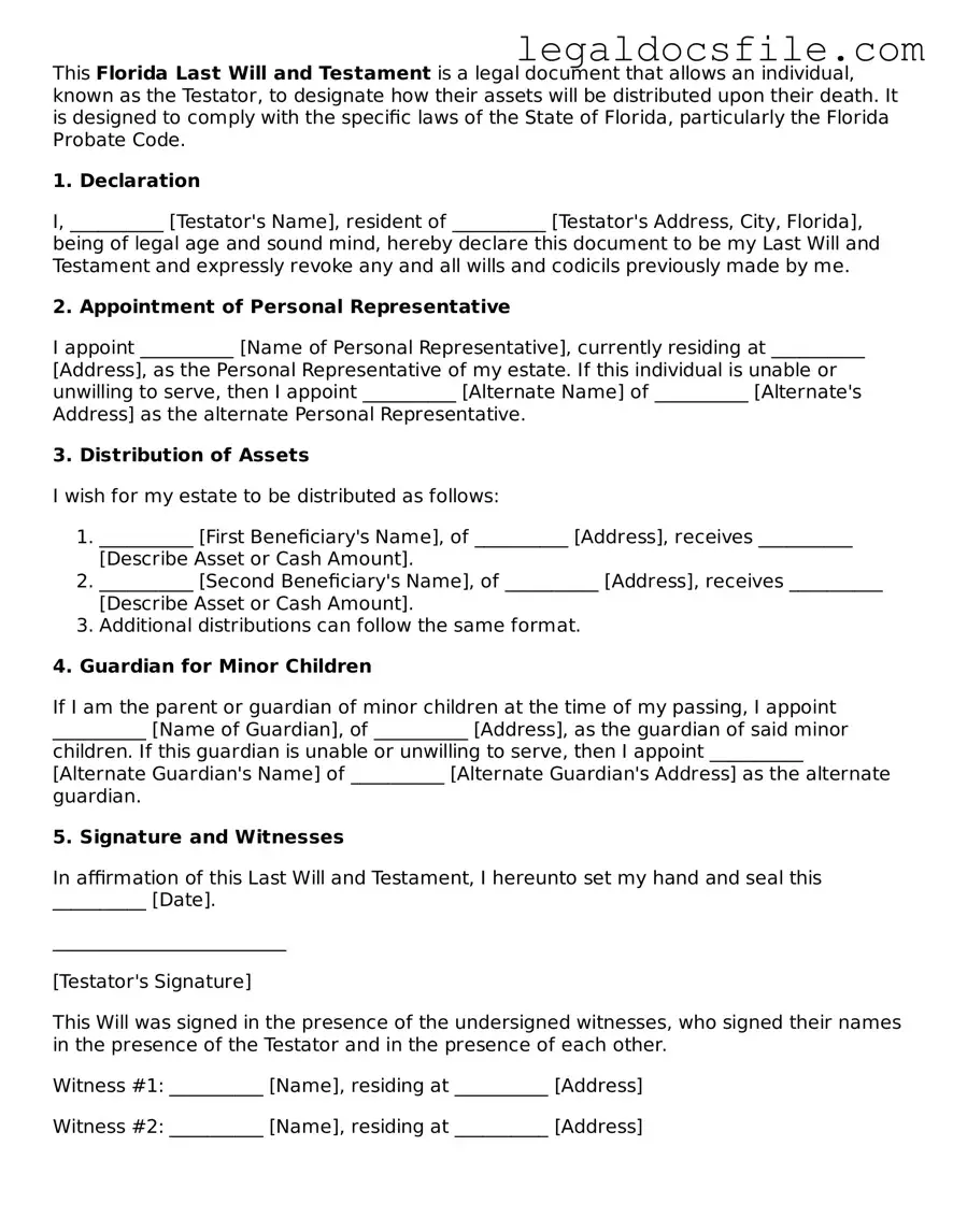 Valid Last Will and Testament Template for the State of Florida