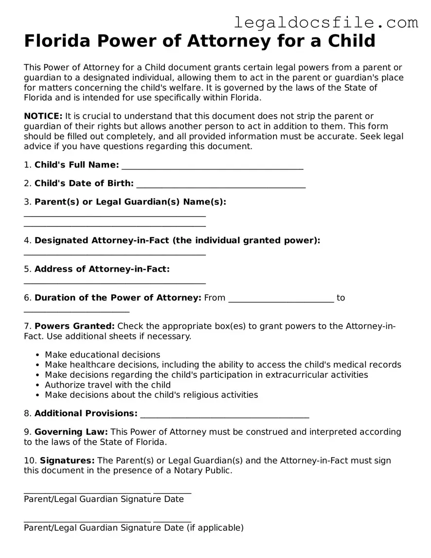 Valid Power of Attorney for a Child Template for the State of Florida