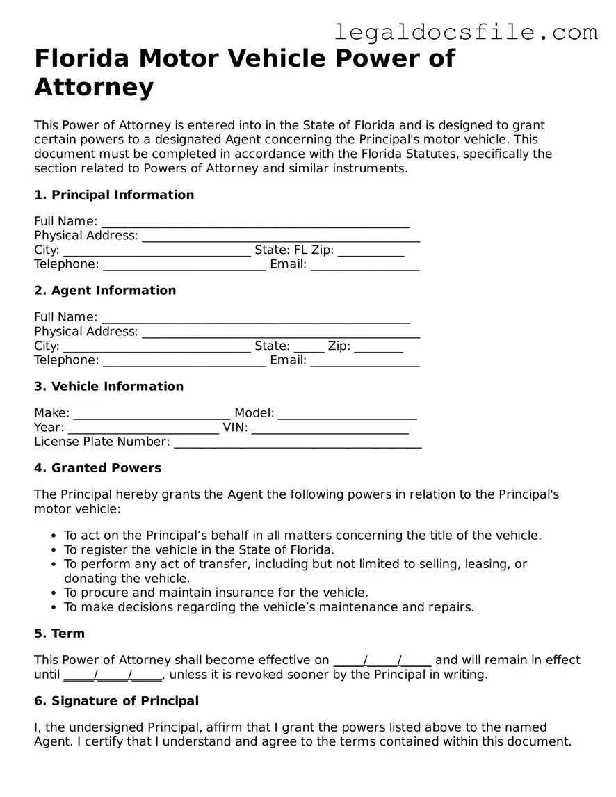 Valid Motor Vehicle Power of Attorney Template for the State of Florida