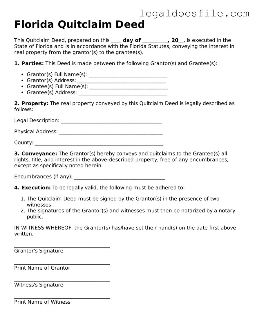 Valid Quitclaim Deed Template for the State of Florida