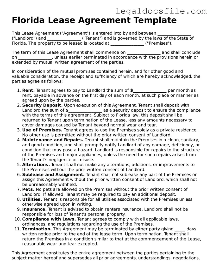 Valid Lease Agreement Template for the State of Florida