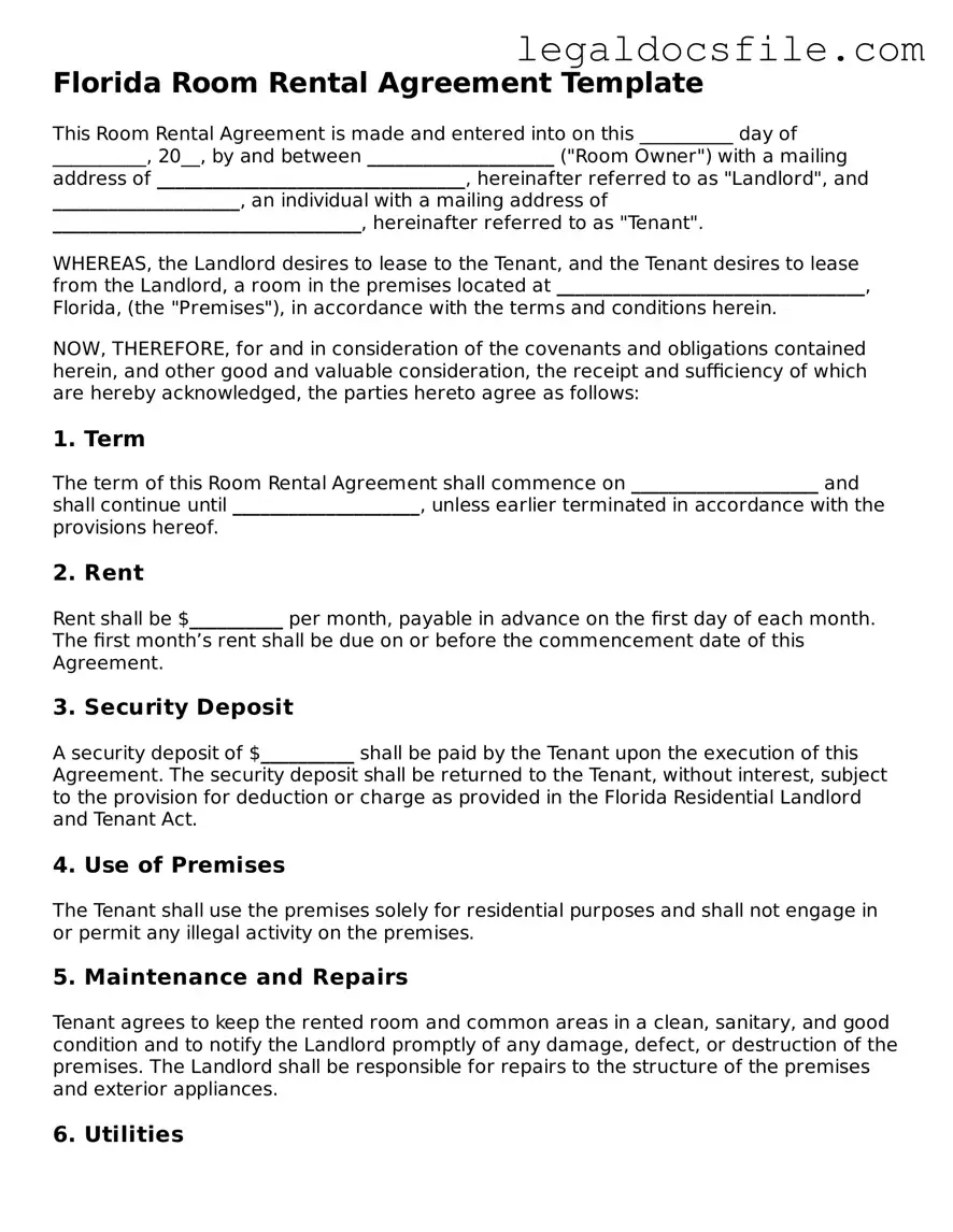 Valid Room Rental Agreement Template for the State of Florida