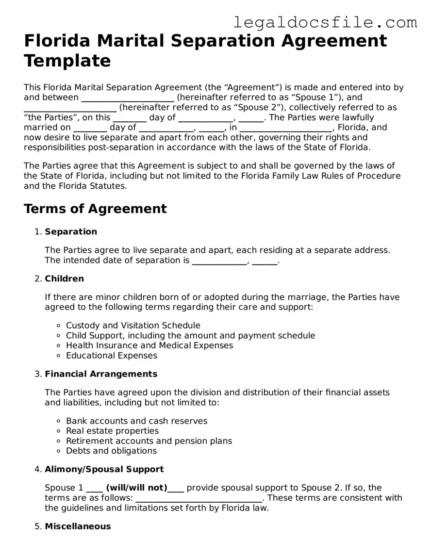 Valid Marital Separation Agreement Template for the State of Florida
