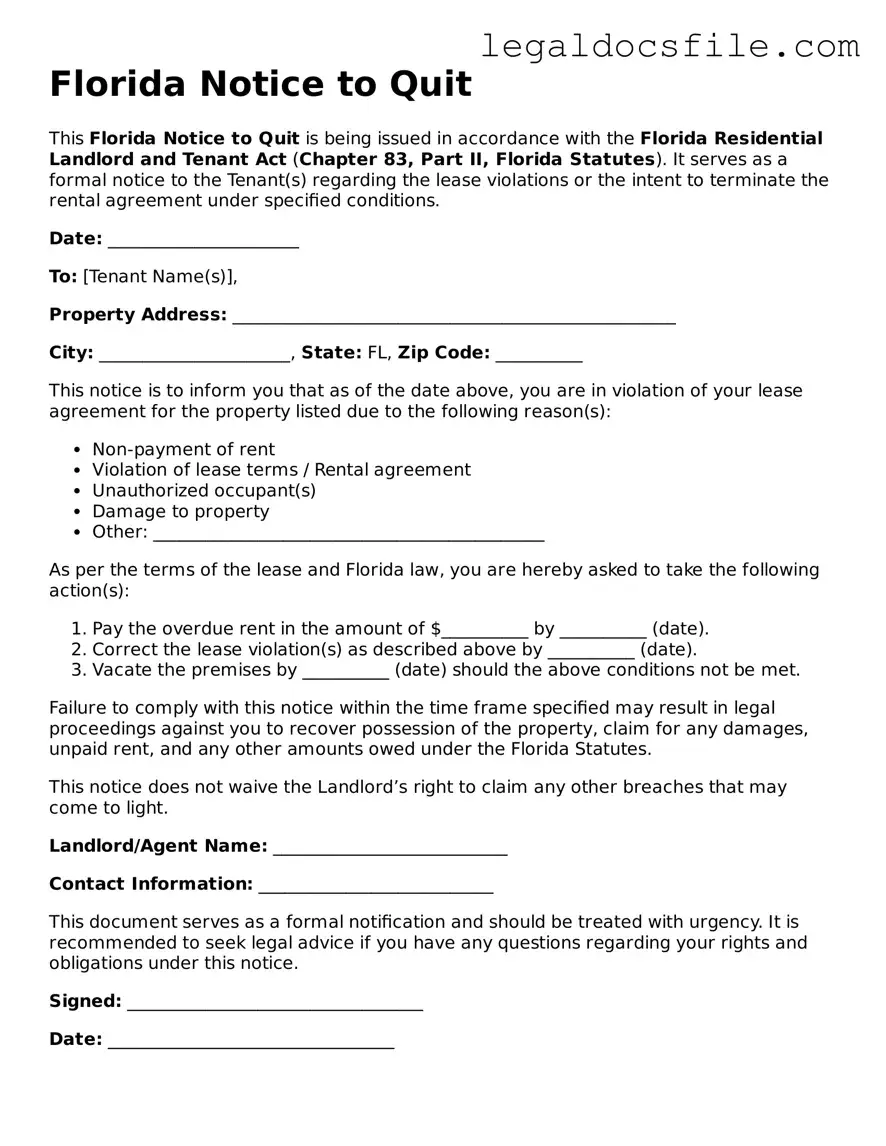 Valid Notice to Quit Template for the State of Florida