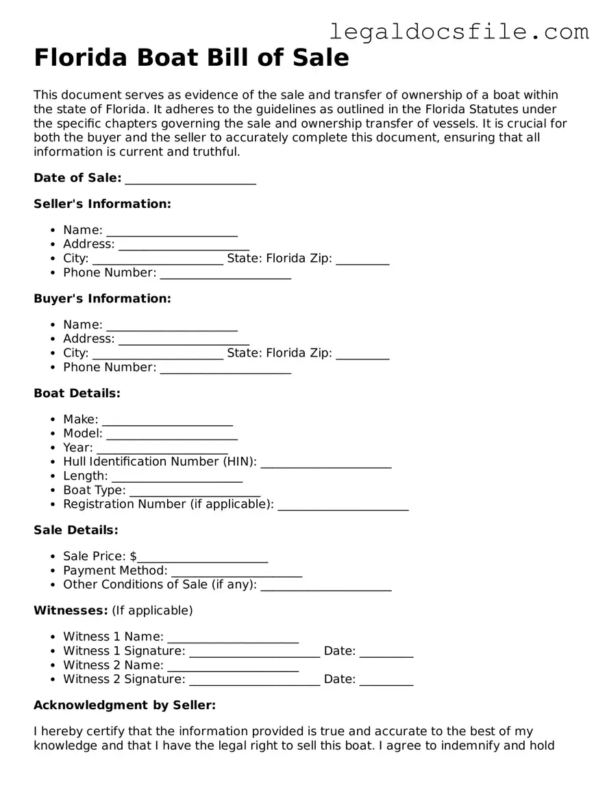 Valid Boat Bill of Sale Template for the State of Florida