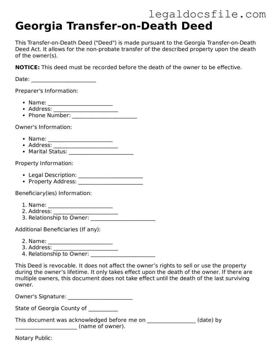 Valid Transfer-on-Death Deed Template for the State of Georgia