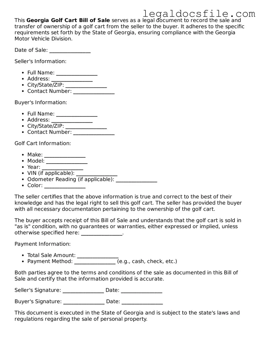 Valid Golf Cart Bill of Sale Template for the State of Georgia