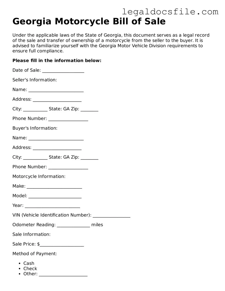 Valid Motorcycle Bill of Sale Template for the State of Georgia