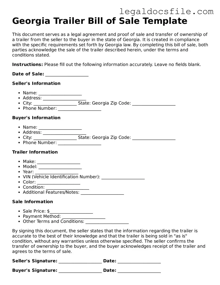 Valid Trailer Bill of Sale Template for the State of Georgia