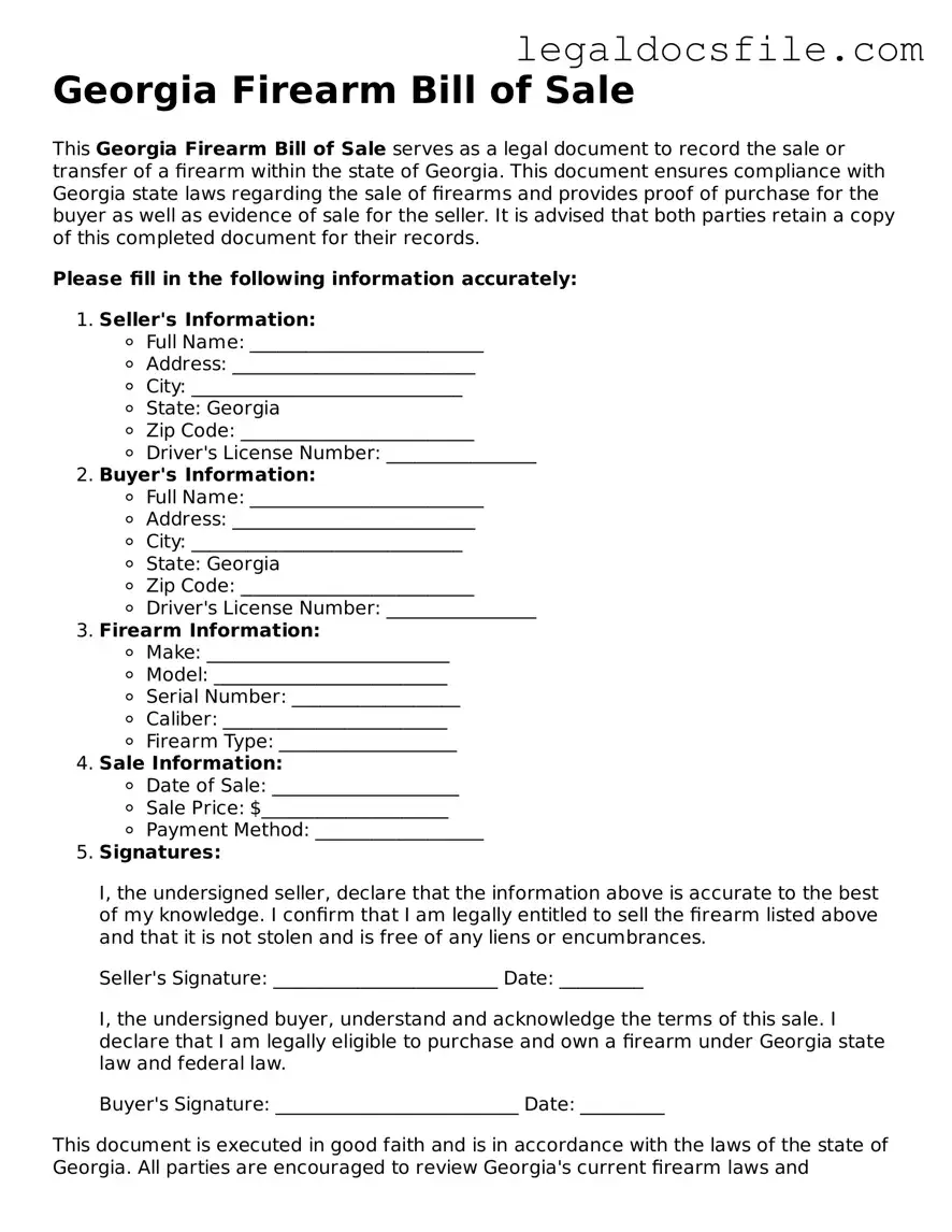 Valid Firearm Bill of Sale Template for the State of Georgia