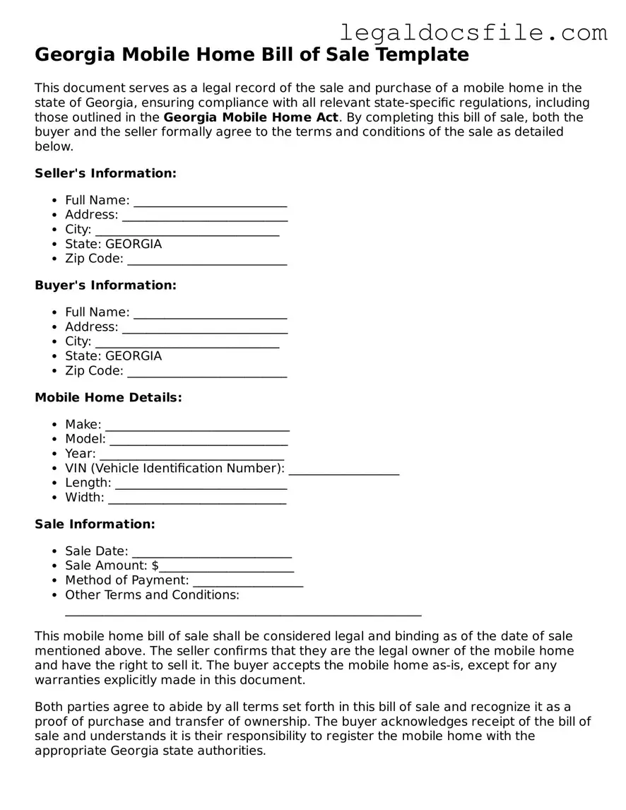 Valid Mobile Home Bill of Sale Template for the State of Georgia