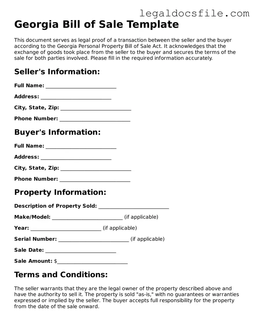 Valid Bill of Sale Template for the State of Georgia